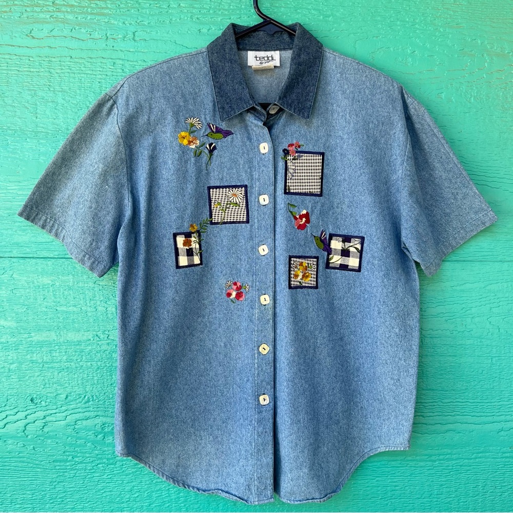 Vintage Embroidered Denim Shirt Hummingbird Floral Appliqué Button Up SIZE LARGE